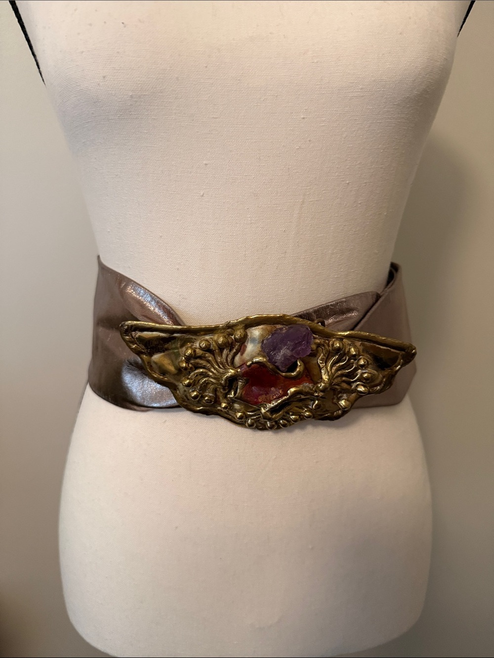 Gold Leather Belt with Large Purple Amethyst. Designer- Copa Collection